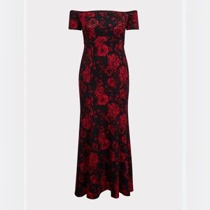 TORRID Special Occasion Black & Red Floral Ponte Off Shoulder Gown